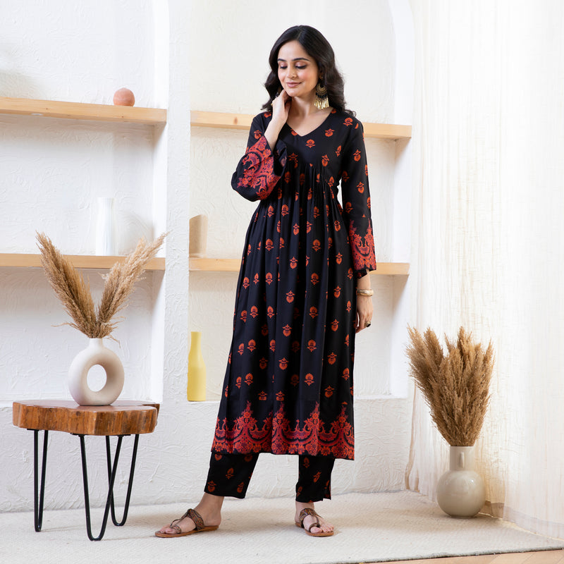 Black Myra V Neck Kurta Pant Set