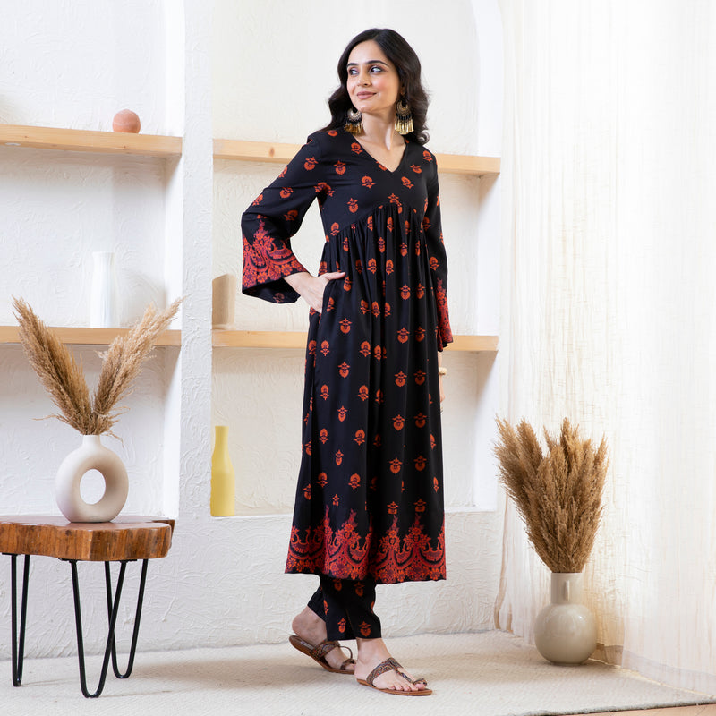 Black Myra V Neck Kurta Pant Set