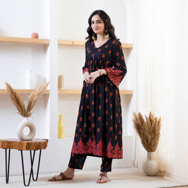 Black Myra V Neck Kurta Pant Set