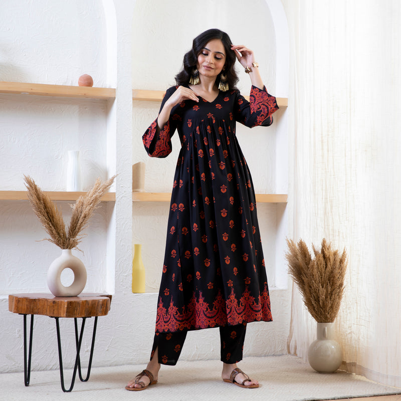 Black Myra V Neck Kurta Pant Set