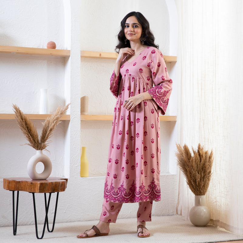 Baby Pink Myra V Neck Kurta Pant Set