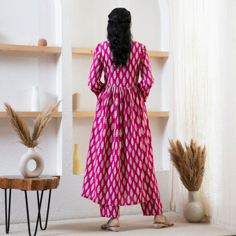 Pink Front Gathered Leaf Print Kurta Pant Co-ord Set