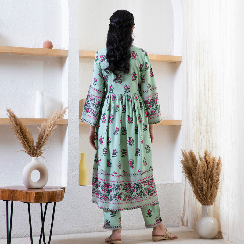 Mint Green Floral Kurta Pant Set