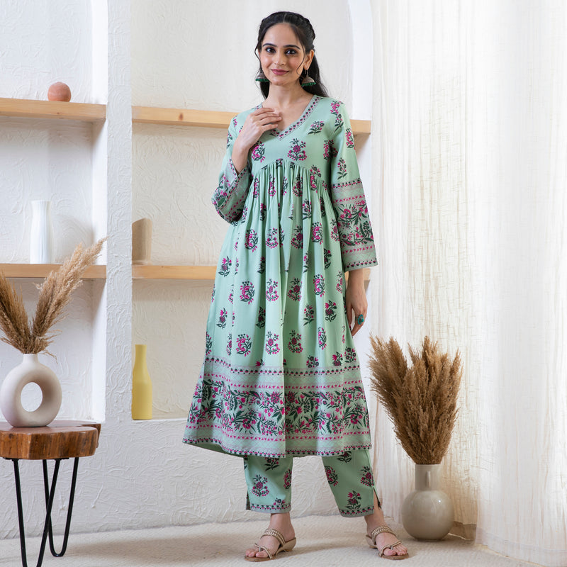 Mint Green Floral Kurta Pant Set