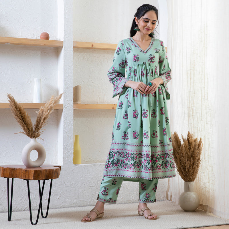 Mint Green Floral Kurta Pant Set