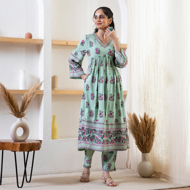 Mint Green Floral Kurta Pant Set
