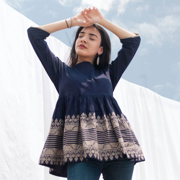 Indigo Traditional Gather Top with Border Detail