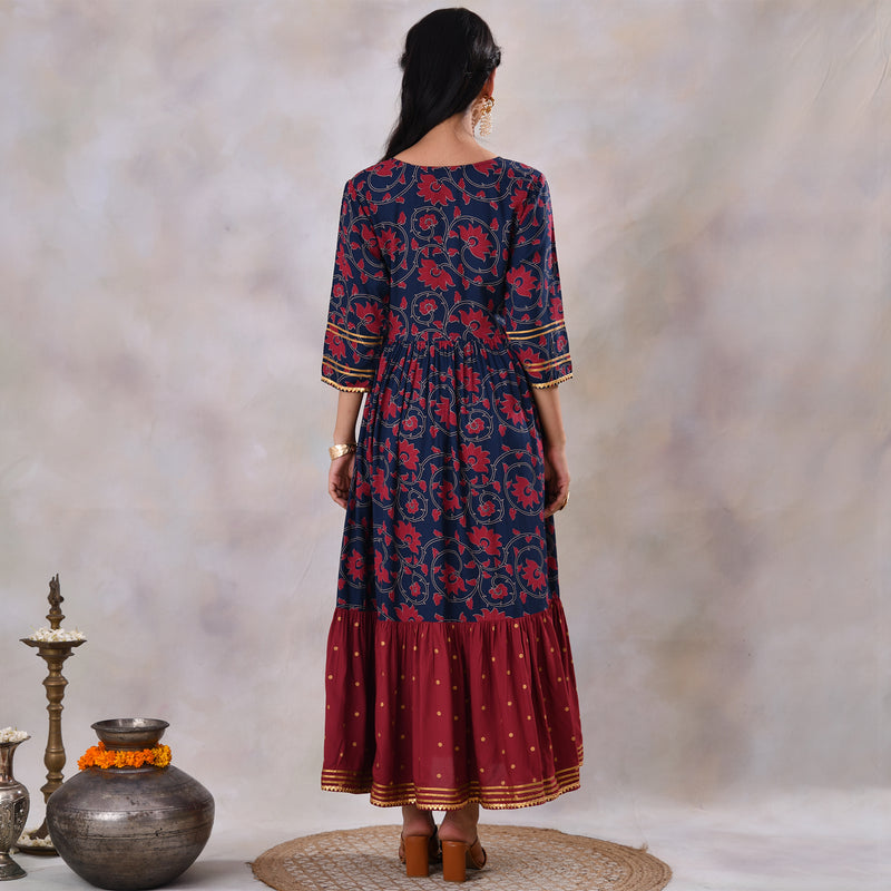 Blue & Maroon Lotus & Polka Frill Dress with Gota Details