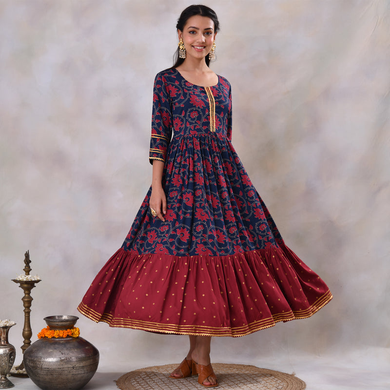 Blue & Maroon Lotus & Polka Frill Dress with Gota Details