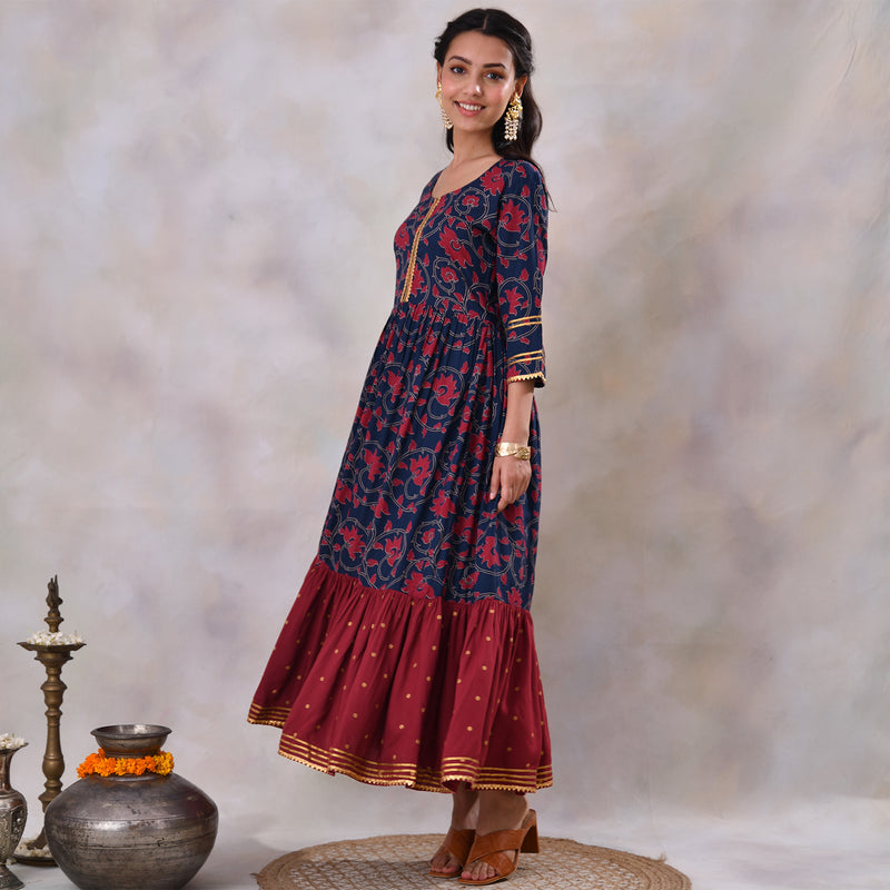 Blue & Maroon Lotus & Polka Frill Dress with Gota Details