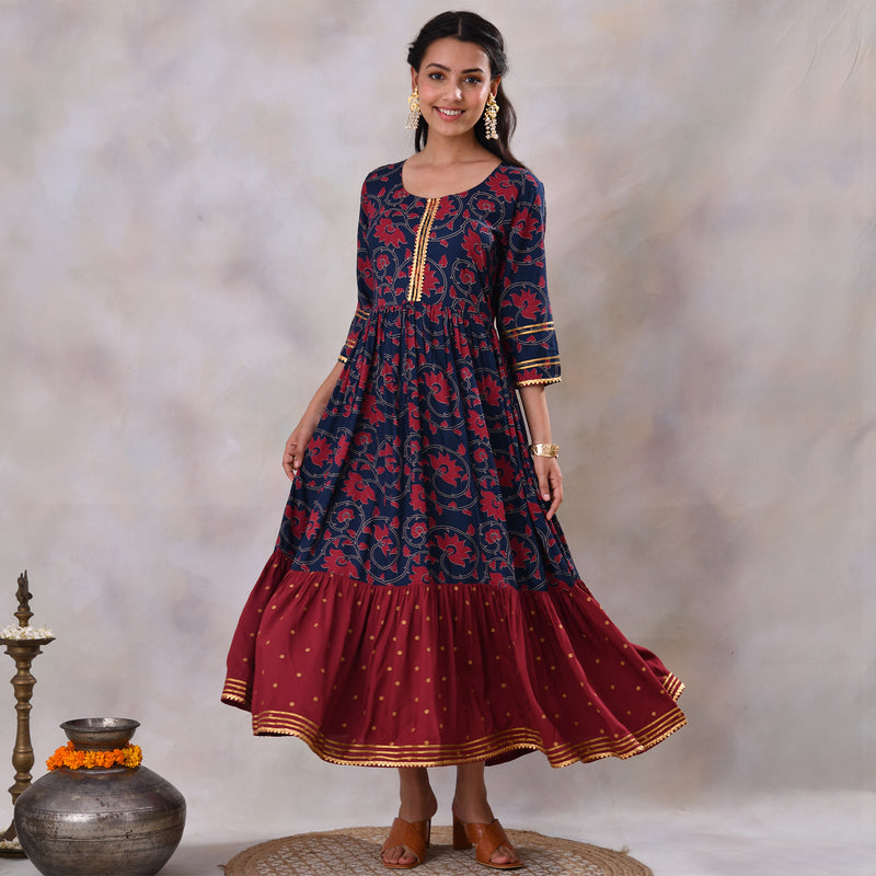 Blue & Maroon Lotus & Polka Frill Dress with Gota Details