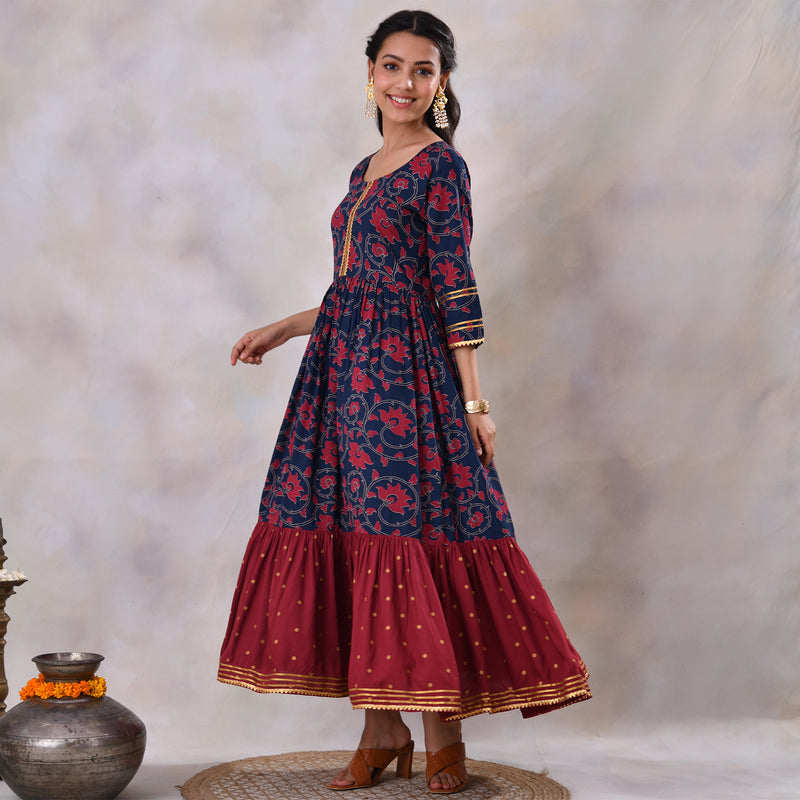 Blue & Maroon Lotus & Polka Frill Dress with Gota Details