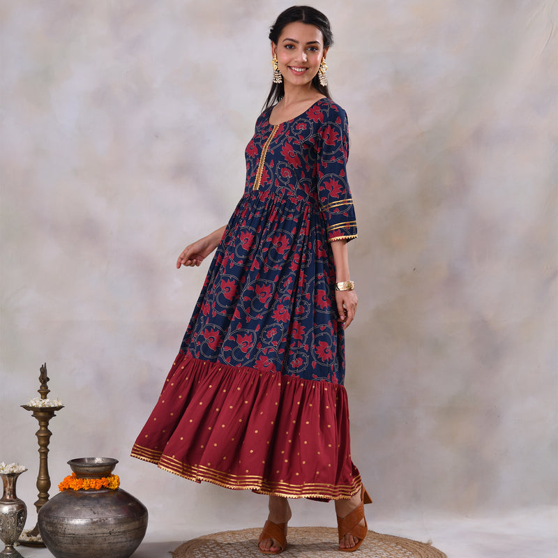 Blue & Maroon Lotus & Polka Frill Dress with Gota Details