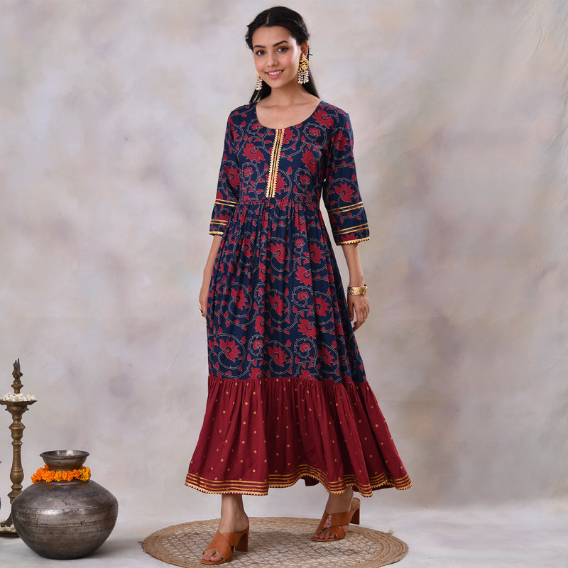 Blue & Maroon Lotus & Polka Frill Dress with Gota Details