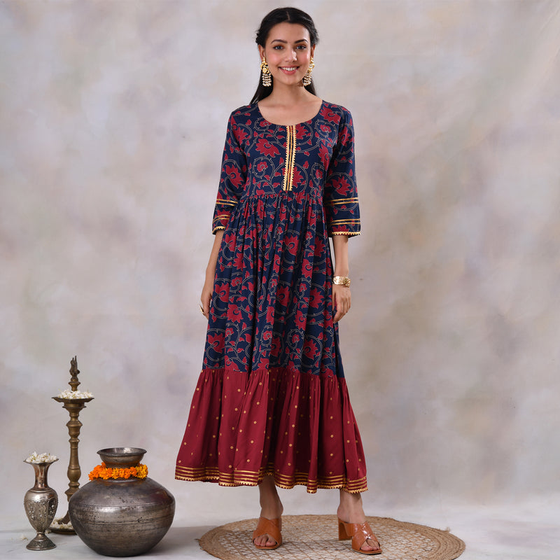 Blue & Maroon Lotus & Polka Frill Dress with Gota Details