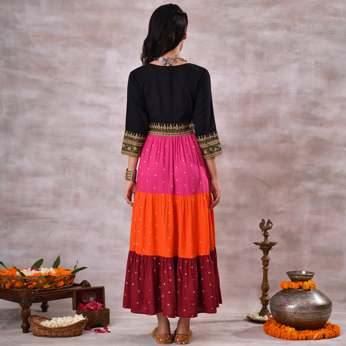 Black Multicoloured Tiered Dress with Polka Prints & Gota Details