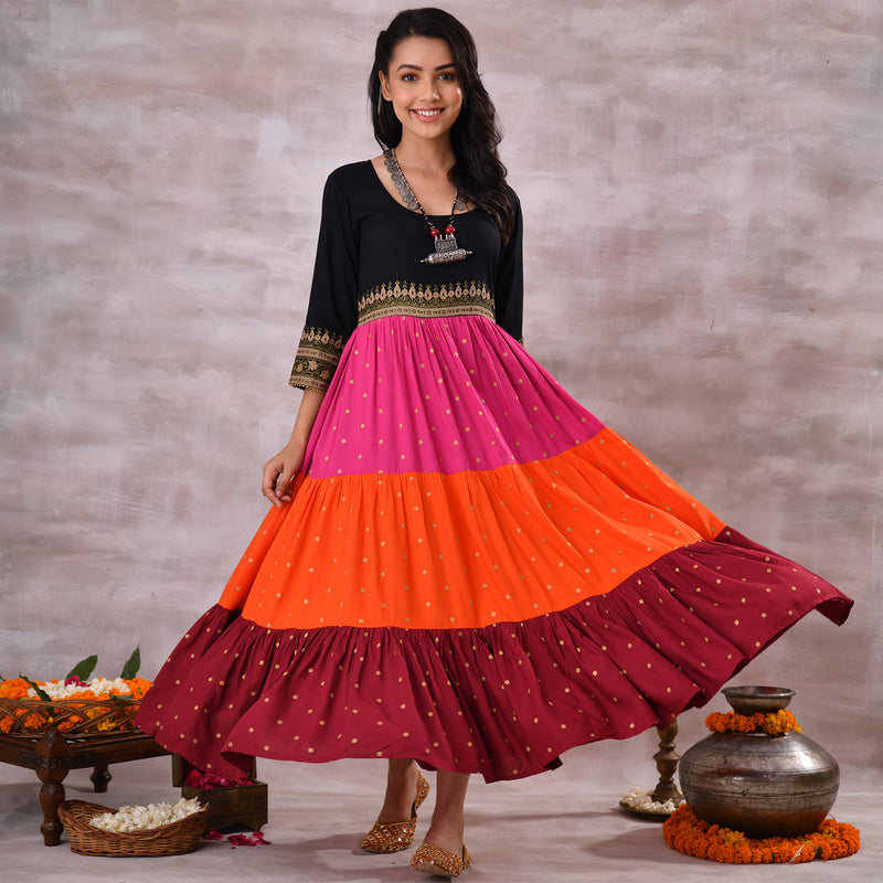 Black Multicoloured Tiered Dress with Polka Prints & Gota Details