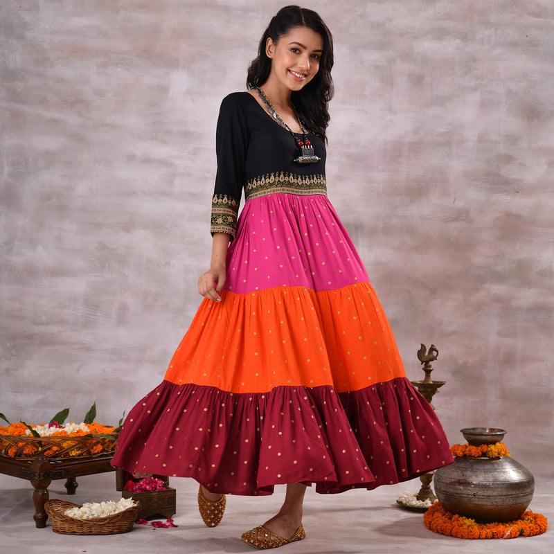 Black Multicoloured Tiered Dress with Polka Prints & Gota Details