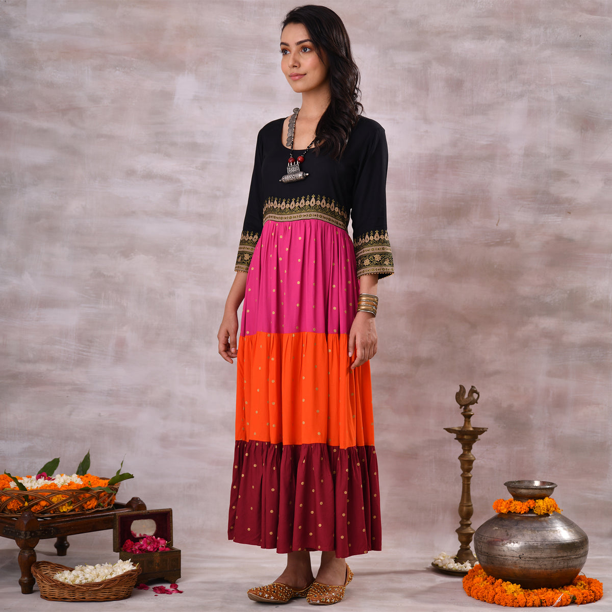 Black Multicoloured Tiered Dress with Polka Prints & Gota Details