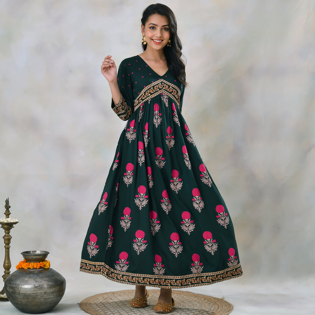 Emerald Green V Neck Alia Cut Dress with Buta & Polka Prints