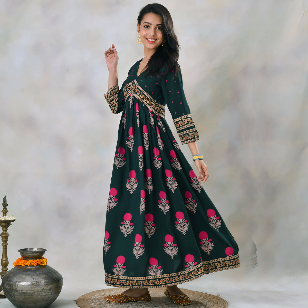 Emerald Green V Neck Alia Cut Dress with Buta & Polka Prints