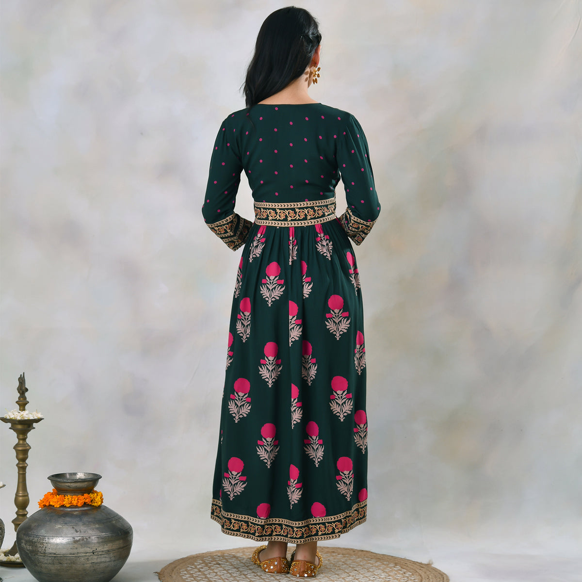 Emerald Green V Neck Alia Cut Dress with Buta & Polka Prints