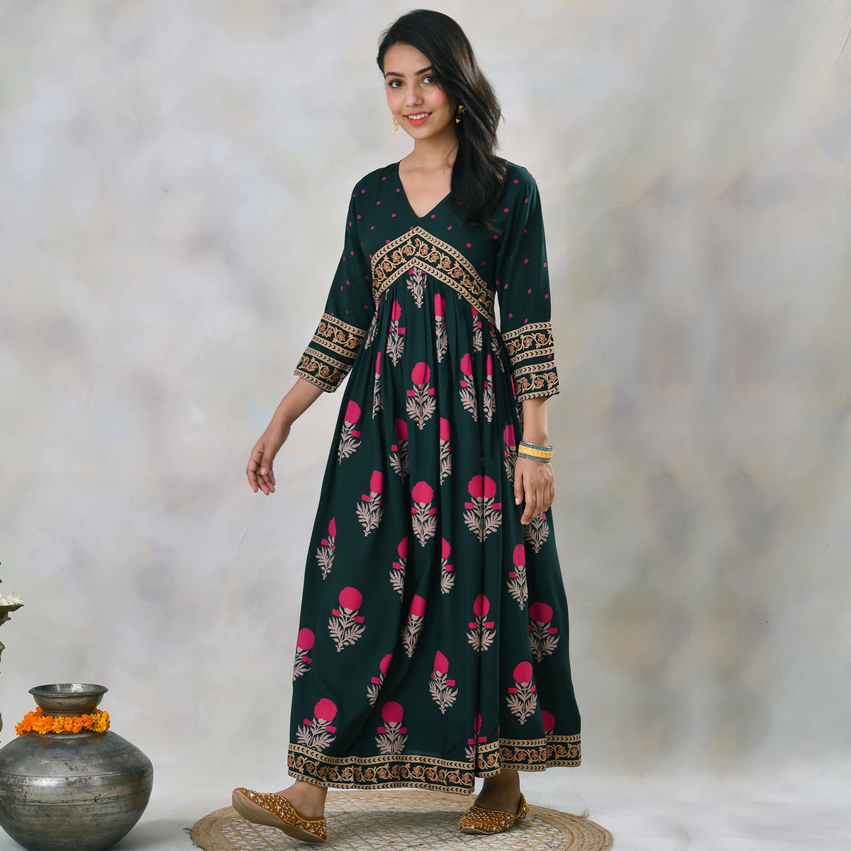 Emerald Green V Neck Alia Cut Dress with Buta & Polka Prints