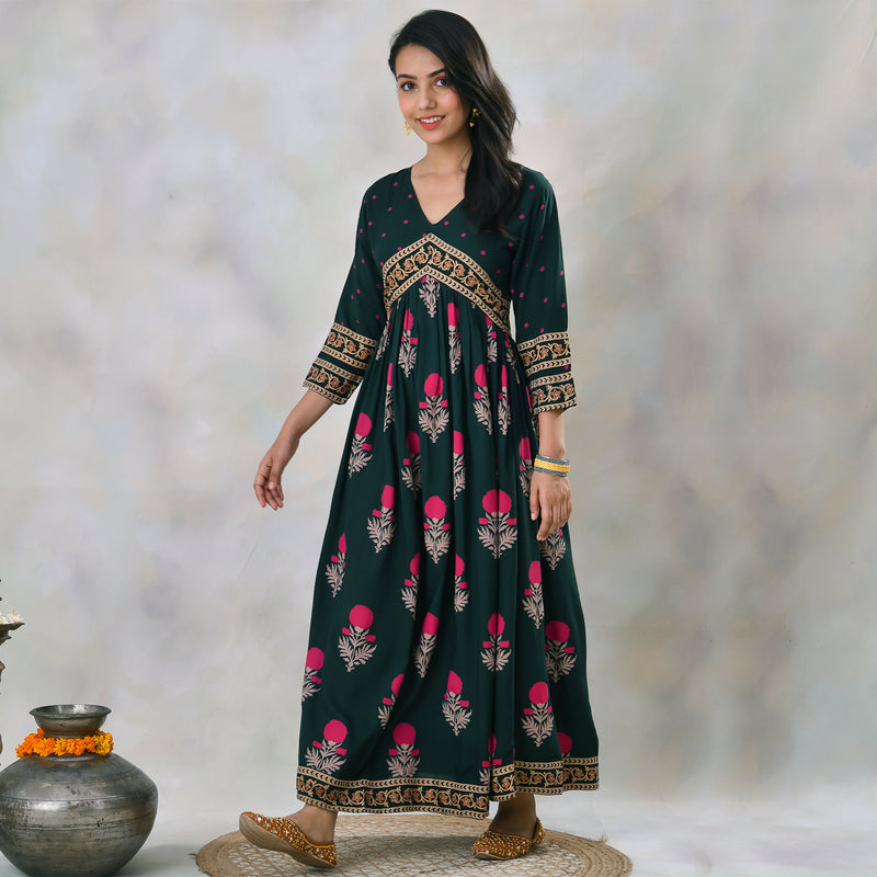 Emerald Green V Neck Alia Cut Dress with Buta & Polka Prints