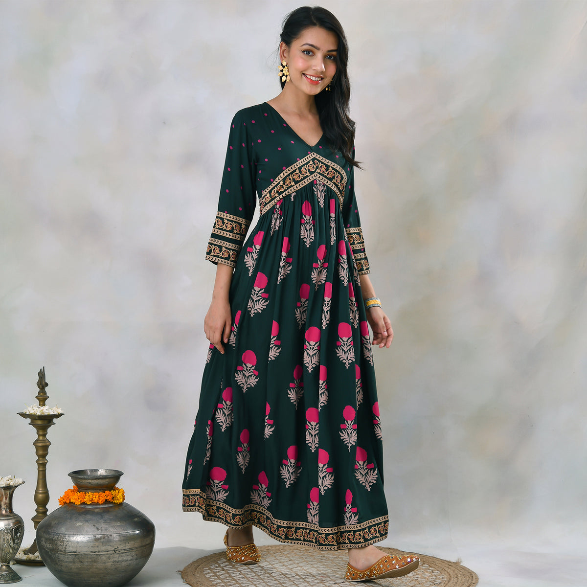 Emerald Green V Neck Alia Cut Dress with Buta & Polka Prints