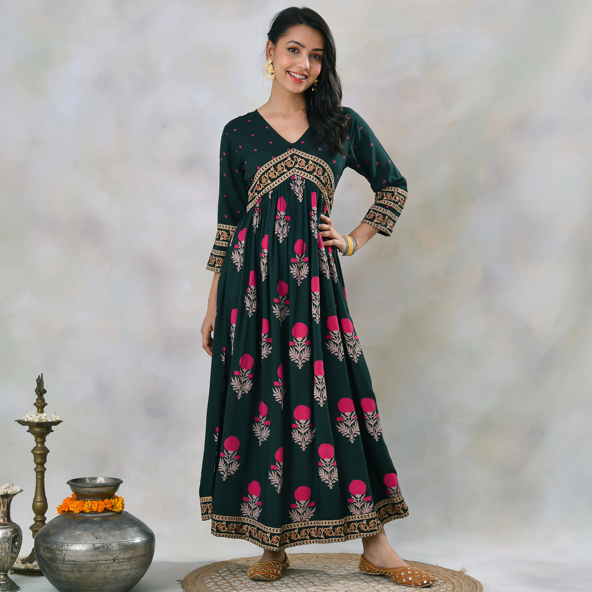 Emerald Green V Neck Alia Cut Dress with Buta & Polka Prints