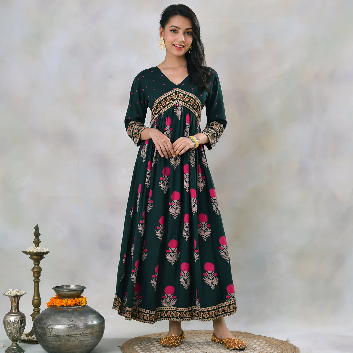 Emerald Green V Neck Alia Cut Dress with Buta & Polka Prints