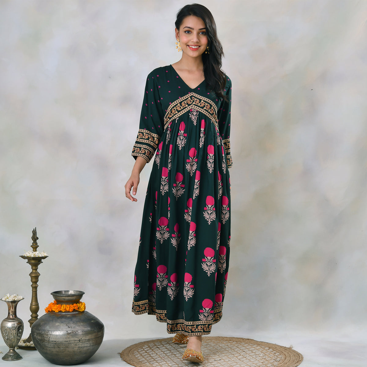 Emerald Green V Neck Alia Cut Dress with Buta & Polka Prints