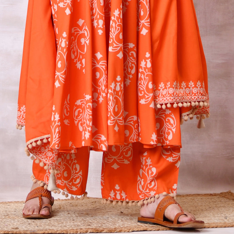 Orange Flared Kurta Dupatta Pant Set with Pompom Details
