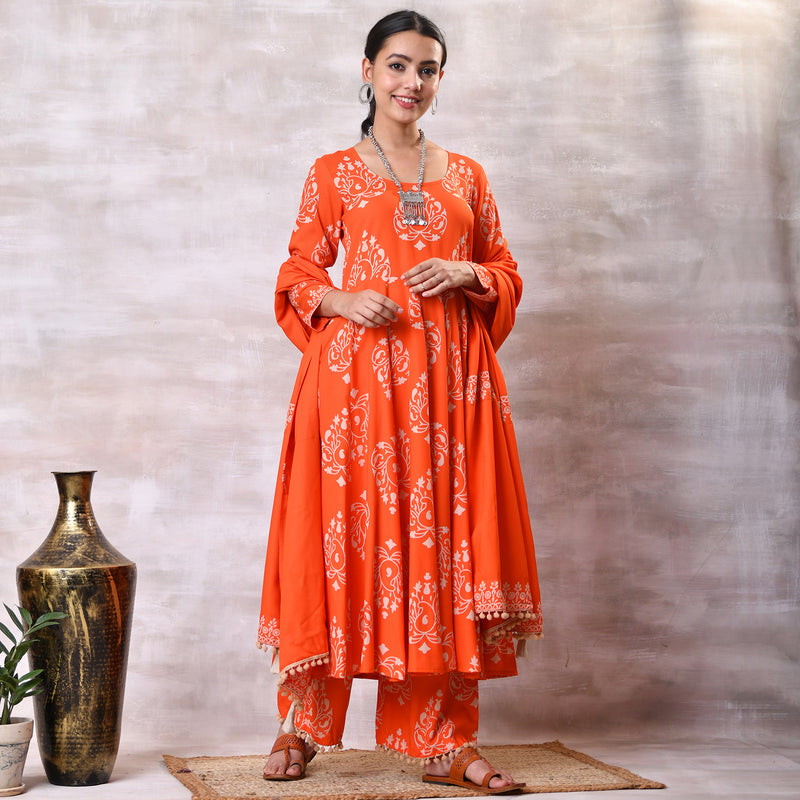 Orange Flared Kurta Dupatta Pant Set with Pompom Details – Rustorange