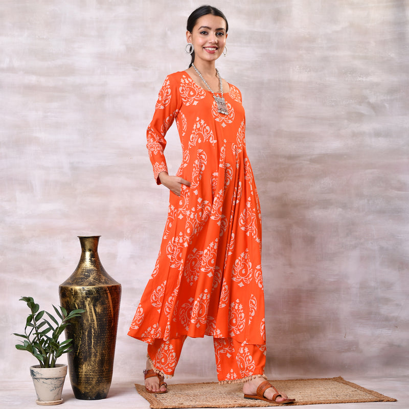 Orange Flared Kurta Dupatta Pant Set with Pompom Details