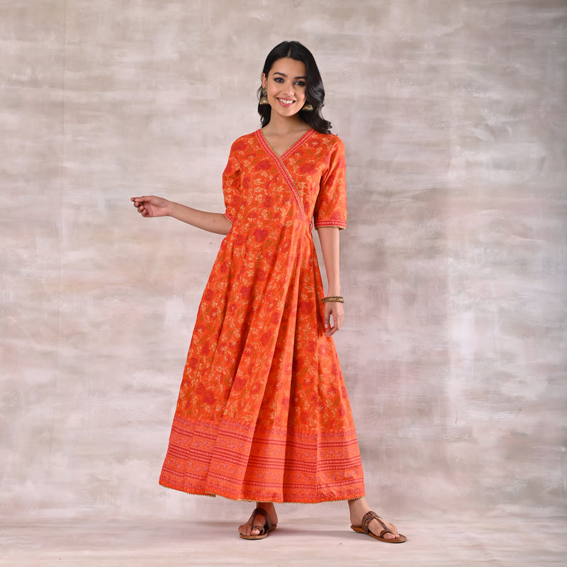 Orange Floral Angrakha Dress