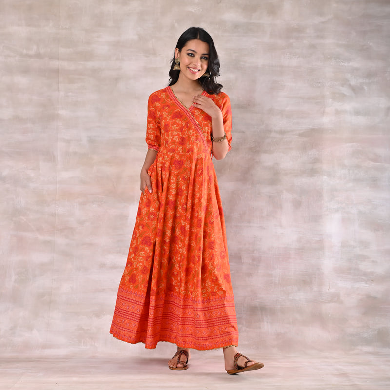 Orange Floral Angrakha Dress