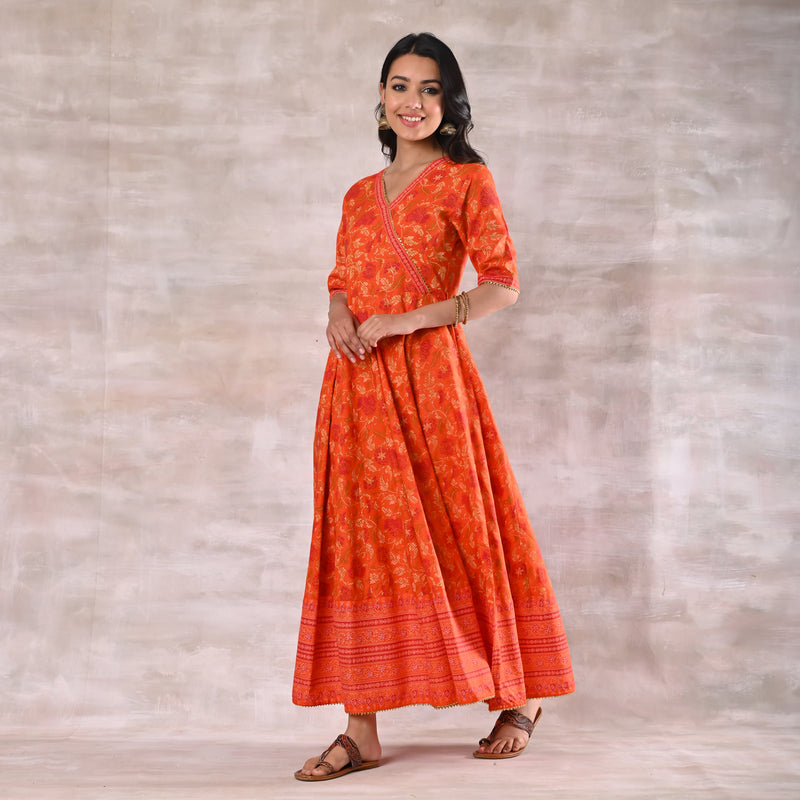 Orange Floral Angrakha Dress