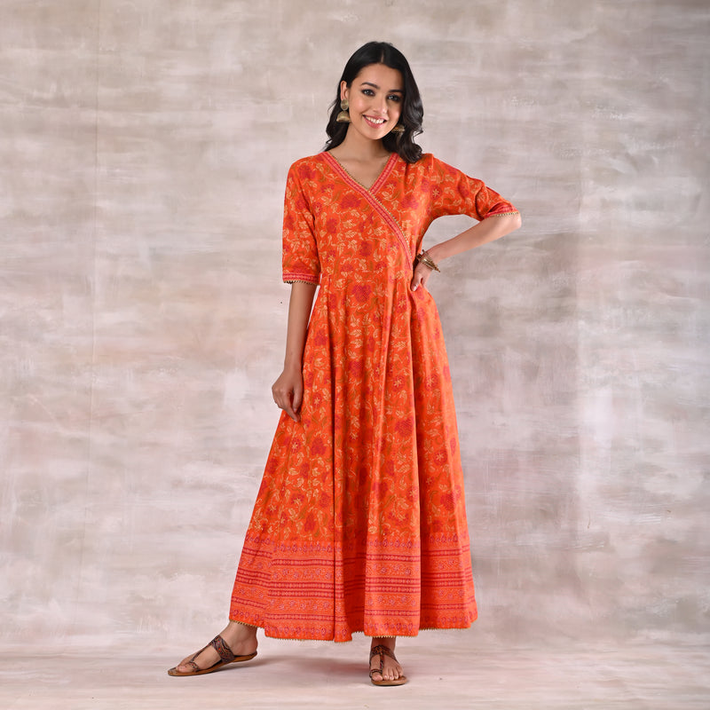 Orange Floral Angrakha Dress