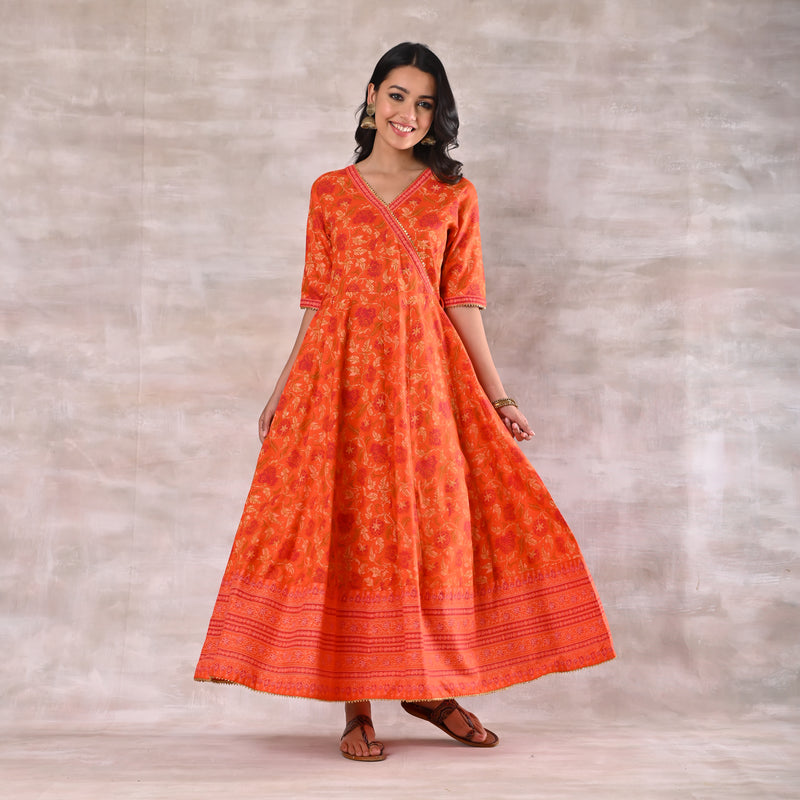 Orange Floral Angrakha Dress