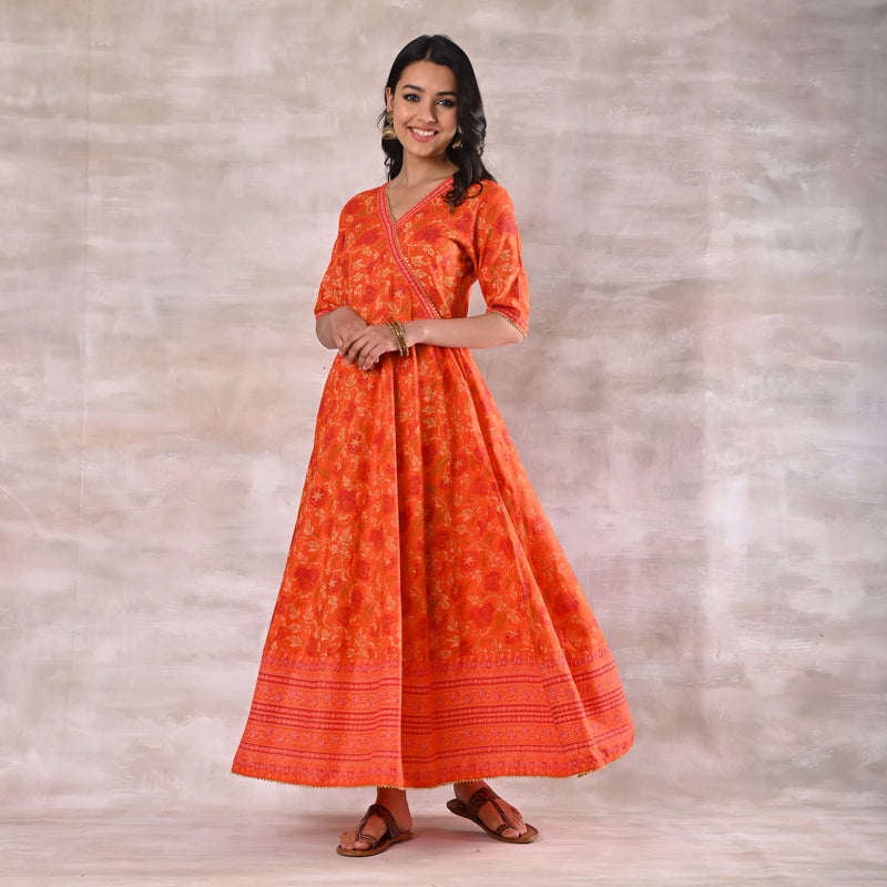 Orange Floral Angrakha Dress