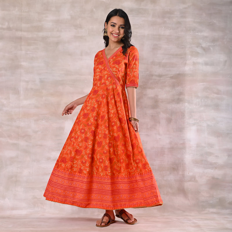 Orange Floral Angrakha Dress