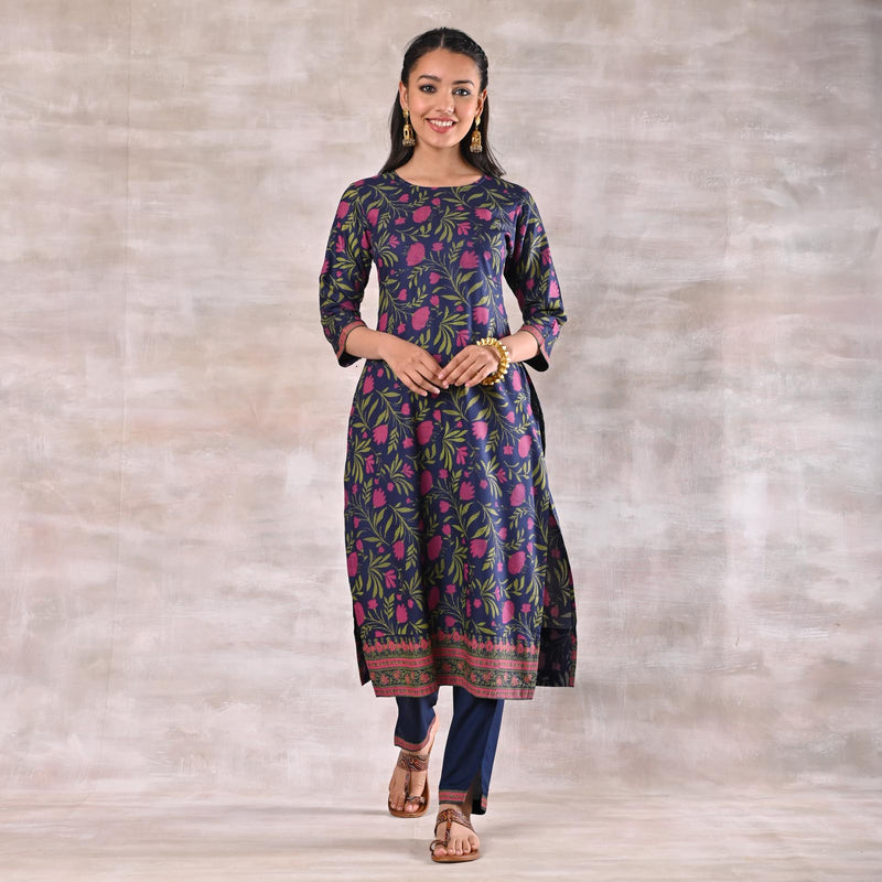 Indigo Straight Kurta Pant Set with Dupatta