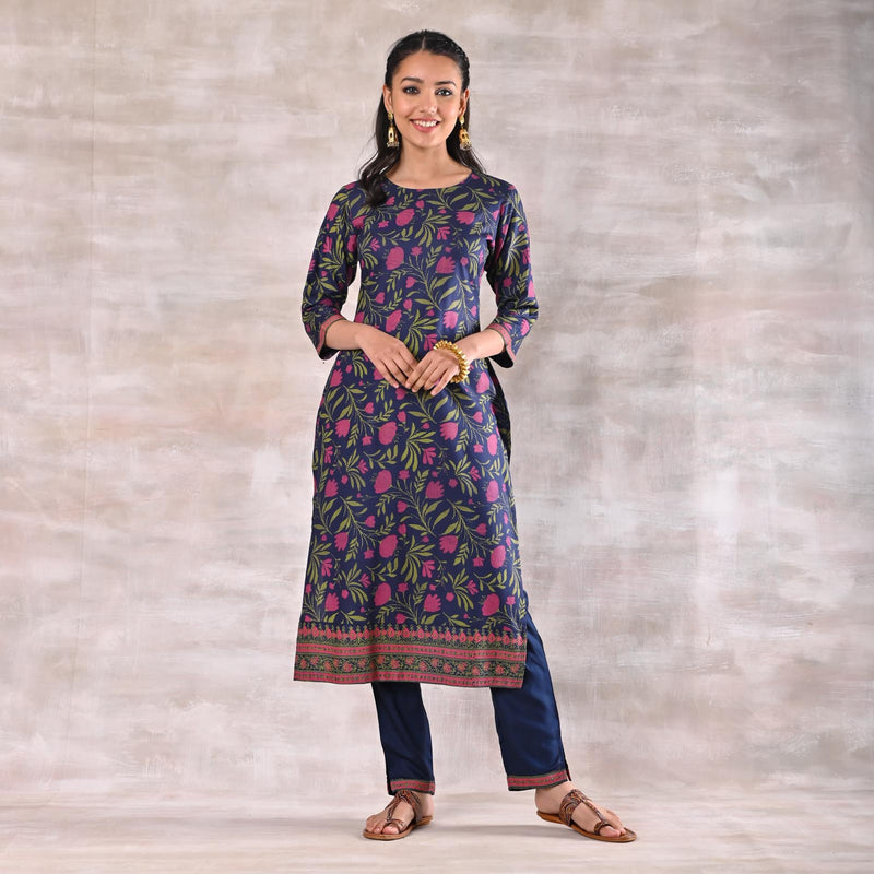 Indigo Straight Kurta Pant Set with Dupatta