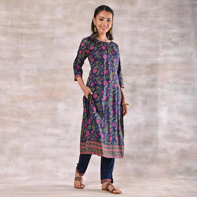 Indigo Straight Kurta Pant Set with Dupatta