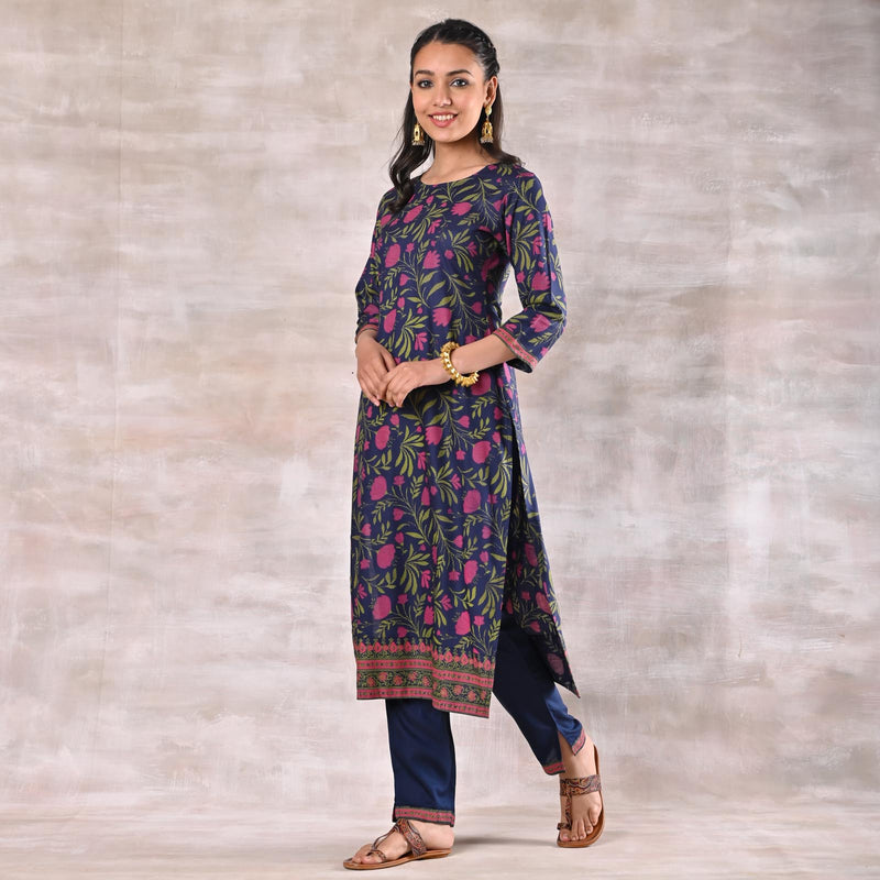 Indigo Straight Kurta Pant Set with Dupatta