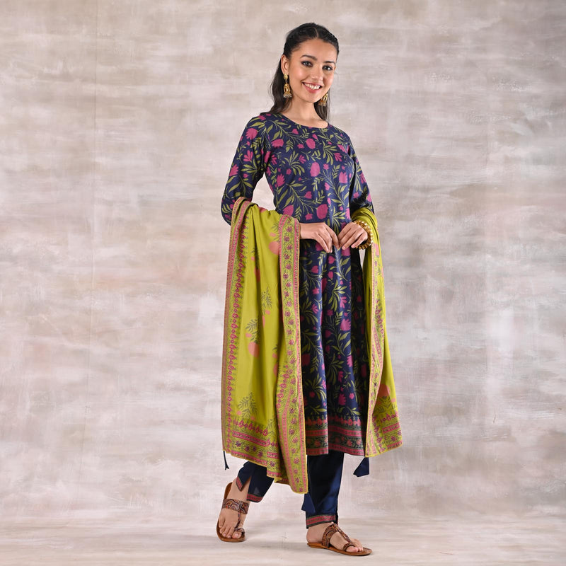 Indigo Straight Kurta Pant Set with Dupatta