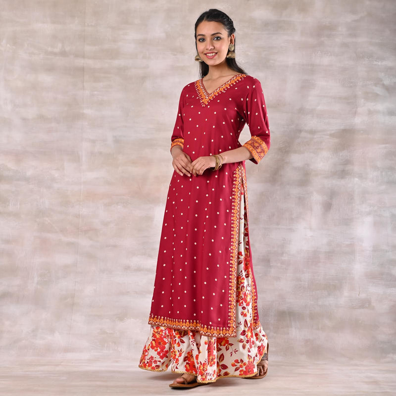 Maroon Kurta with White Floral Skirt