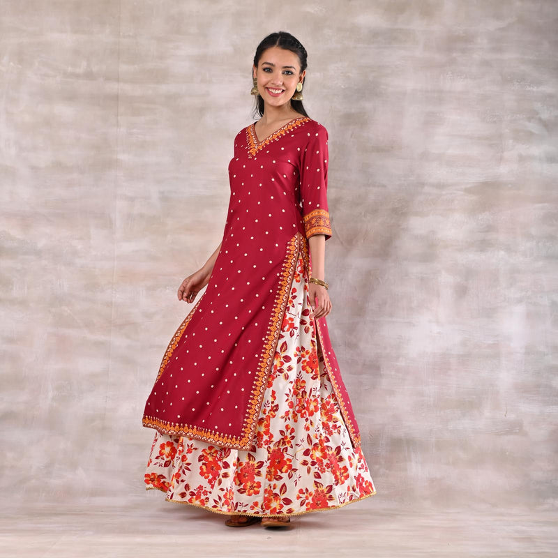 Maroon Kurta with White Floral Skirt