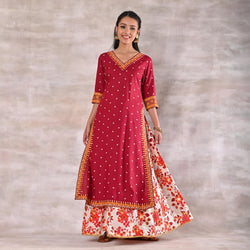 Maroon Kurta with White Floral Skirt